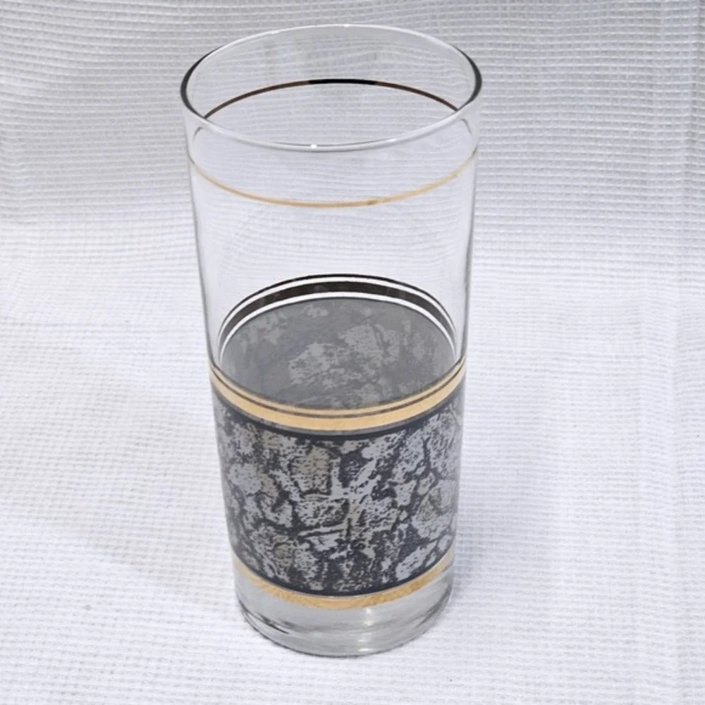 Vintage Snakeskin Tumbler Glasses Set‎ of 4 Gold Trim Retro Barware MCM 6 inch